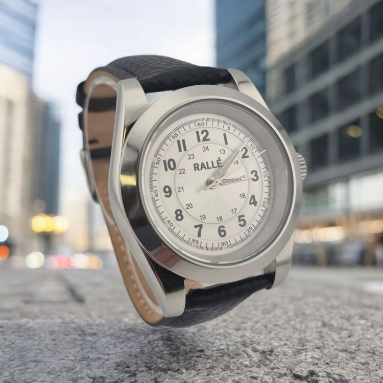Rallé FULL CIRCLE - SILVER Watch - Angle view showing premium stainless steel case and dial details.