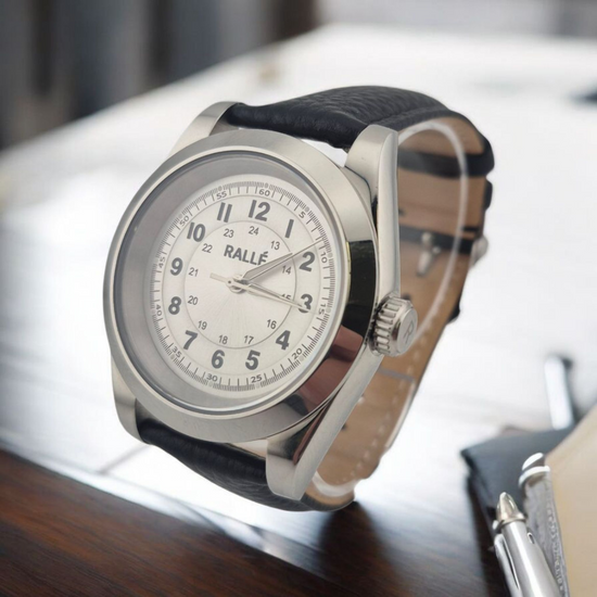 Rallé FULL CIRCLE - SILVER Watch - Crown detail showing premium stainless steel case and dial details.