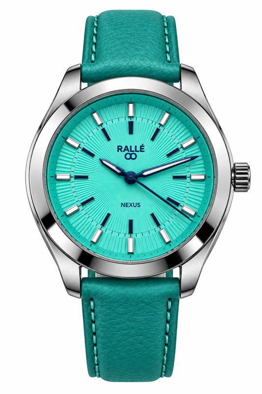A Ralle Nexus wristwatch featuring a vibrant turquoise leather strap, a matching turquoise sunburst dial with silver-tone indices, and a polished silver-tone case.