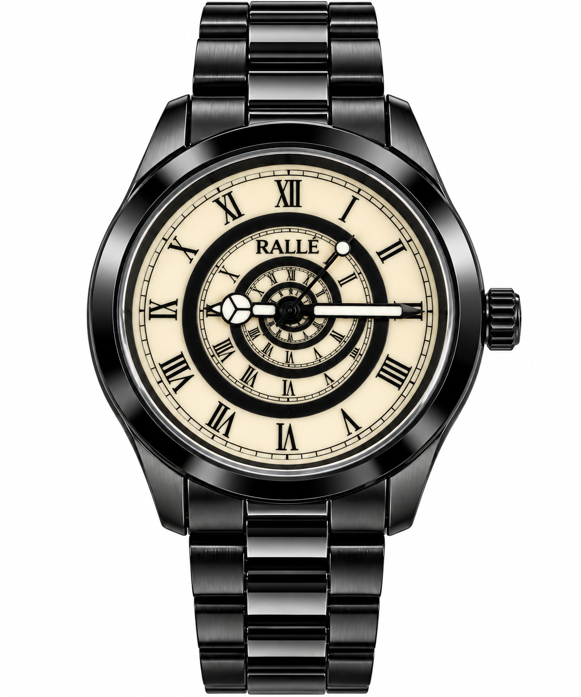 A RALLE wristwatch with a black stainless steel case and link bracelet, featuring a cream-colored dial with Roman numerals and a complex spiral inner dial design.