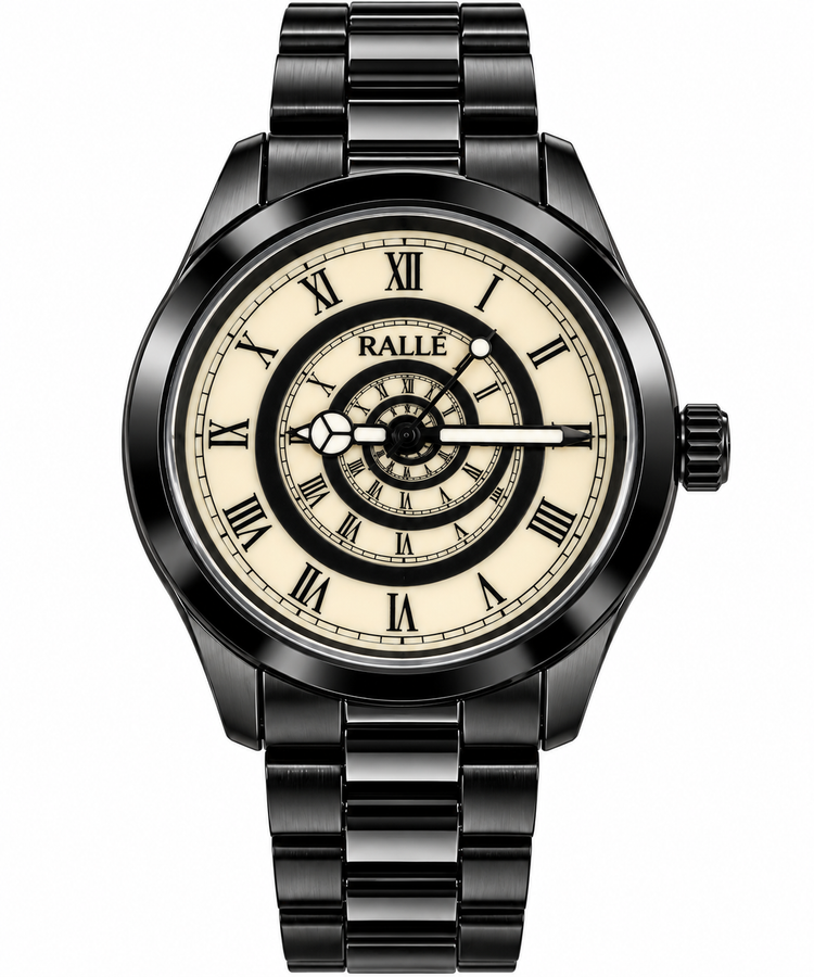 A RALLE wristwatch with a black stainless steel case and link bracelet, featuring a cream-colored dial with Roman numerals and a complex spiral inner dial design.