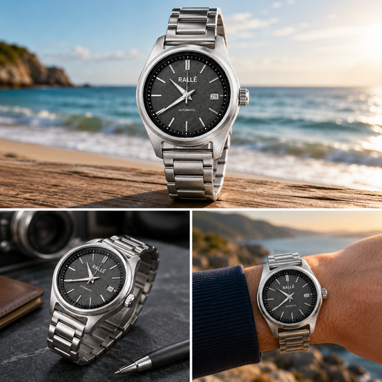 Rallé Solara Watch - Side view showing premium stainless steel case and dial details.