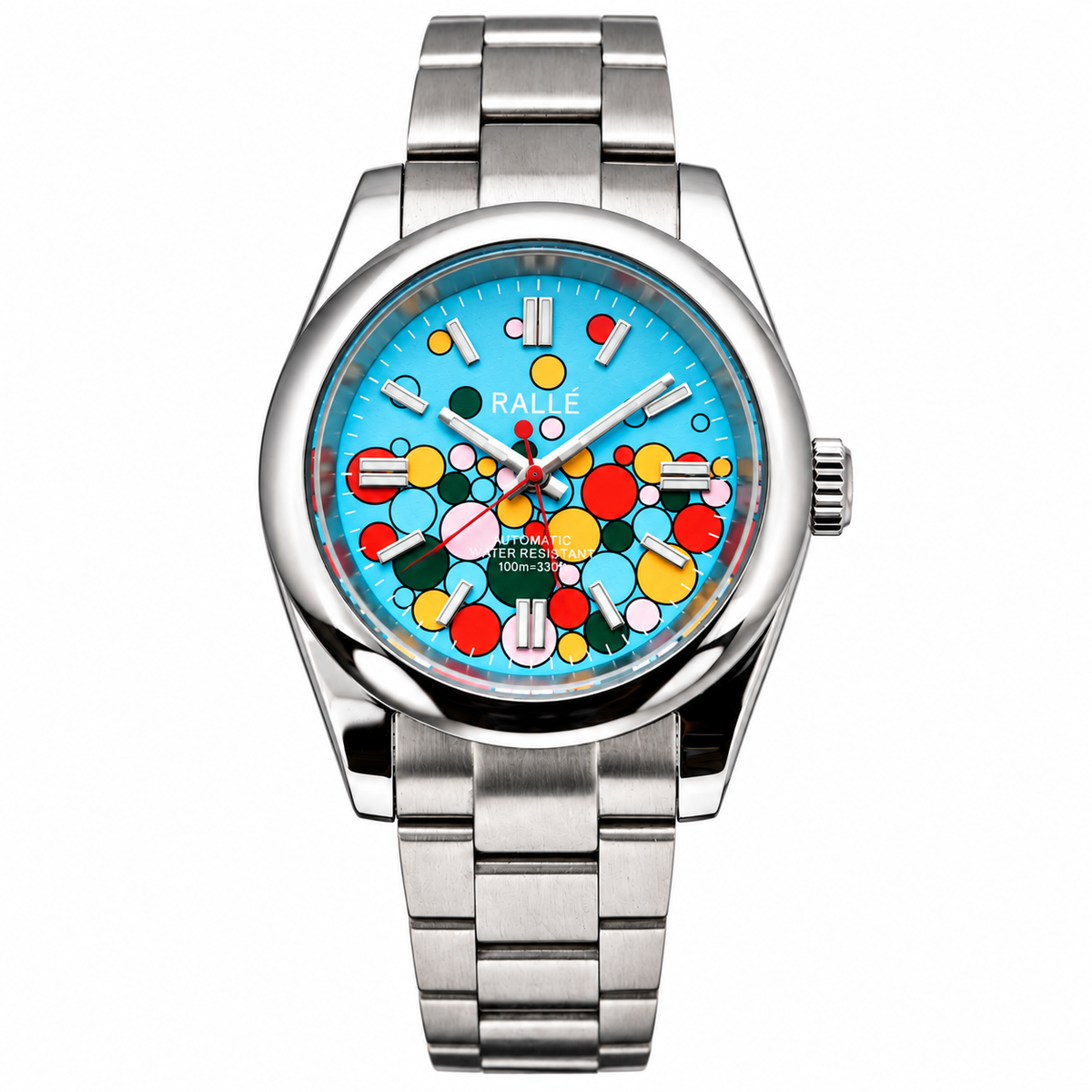 A stainless steel wrist watch with a colorful dial featuring a vibrant pattern of red, yellow, green, and blue dots on a light blue background, with the brand name 'RALLE' printed above the 12 o'clock mark.