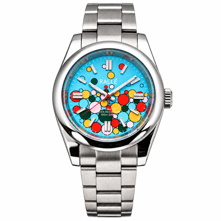 A stainless steel wrist watch with a colorful dial featuring a vibrant pattern of red, yellow, green, and blue dots on a light blue background, with the brand name 'RALLE' printed above the 12 o'clock mark.