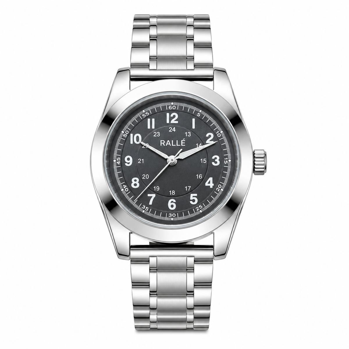 Silver watch with black dial on a white background