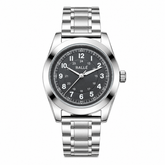 Silver watch with black dial on a white background