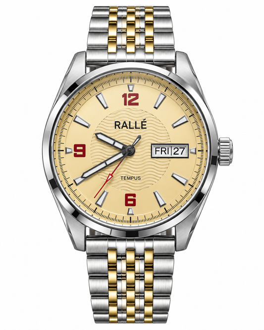 A RALLÉ wristwatch with a two-tone stainless steel and gold-tone metal link bracelet, featuring a beige dial with red numerals and a day-date window.
