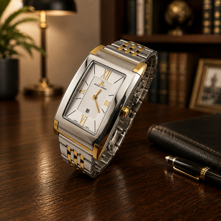 Jacques Lemans 1-1065 — Swiss-Made Two-Tone Tank Watch NOS