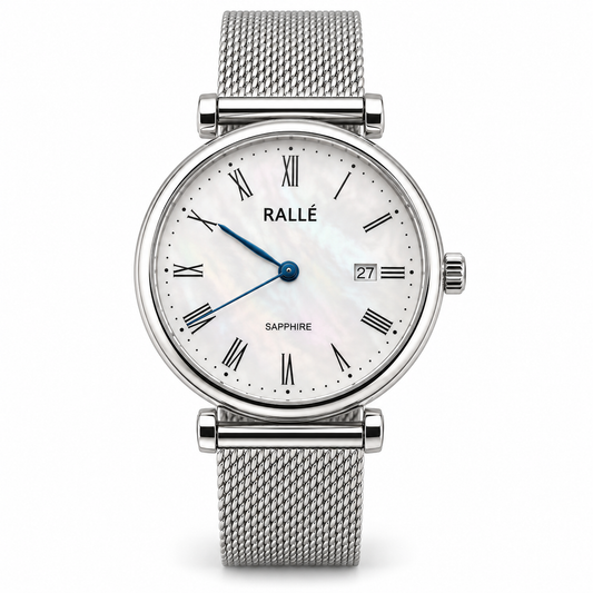 A Rallé women's watch featuring a silver-tone stainless steel mesh strap, a round silver case, a white mother-of-pearl dial with black Roman numerals, and blue hands.