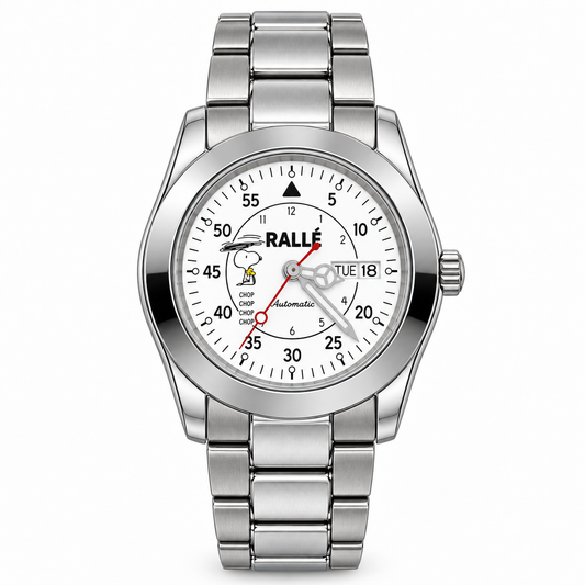 A stainless steel wristwatch with a white dial featuring Snoopy and Woodstock graphics, black Arabic numerals, and a silver metal link bracelet on a white background.