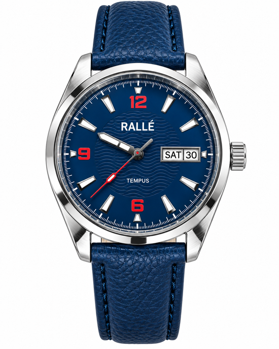 A Rallé wristwatch with a textured blue leather strap, a silver stainless steel case, and a blue dial featuring red numerals and hands, shown against a plain white background.