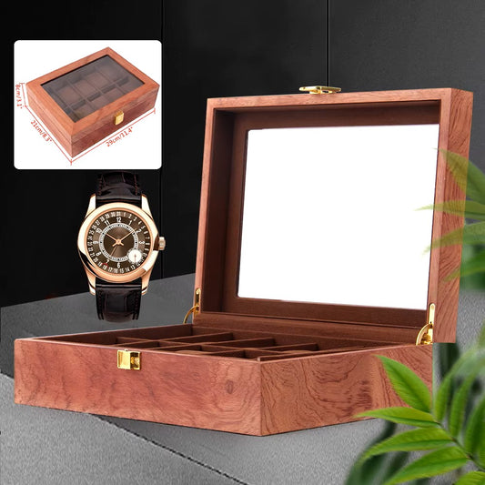 Watch Window Luxury 10-Slot Solid Wood Watch Display Box - Rosewood Grain