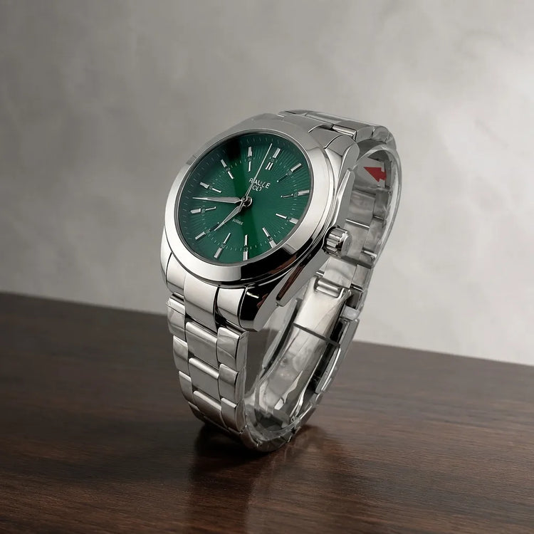 Rallé NeXus Green Watch - Front view showing premium stainless steel case and dial details.