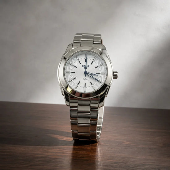 Rallé NeXus White Watch - Front view showing premium stainless steel case and dial details.