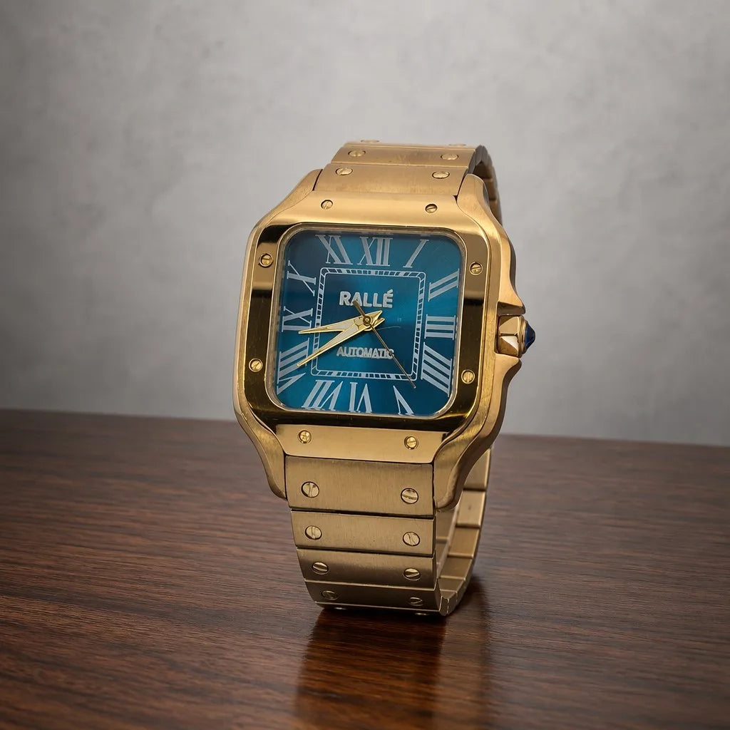 Ralle Legacy Automatic Watch - Gold Case with Royal Blue Dial standing in a premium studio setting.