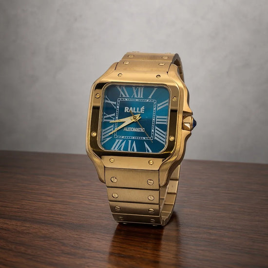 Ralle Legacy Automatic Watch - Gold Case with Royal Blue Dial standing in a premium studio setting.