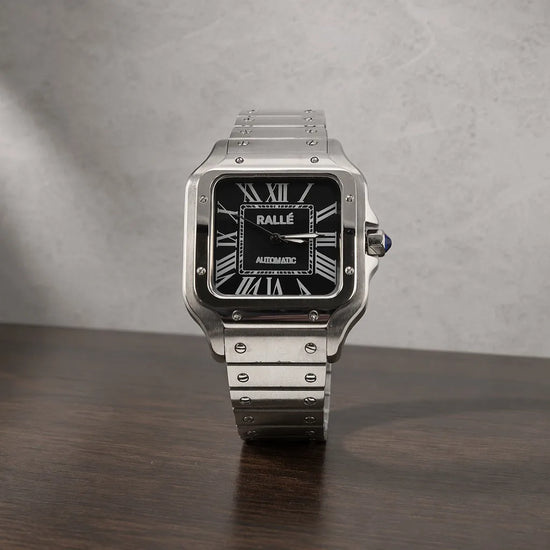 Ralle Legacy Automatic Watch - Silver Case with Striking Black Dial in premium minimalist studio setting.