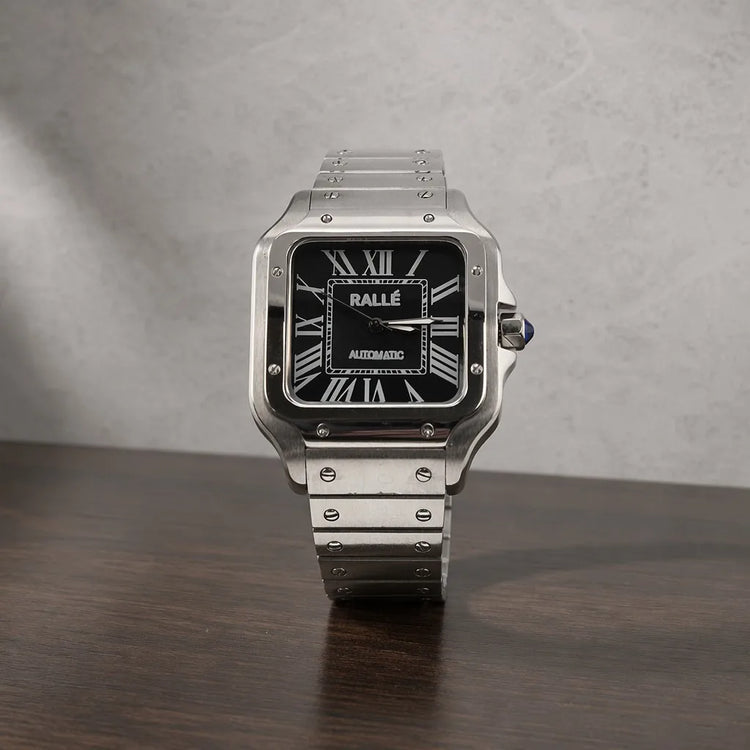 Ralle Legacy Automatic Watch - Silver Case with Striking Black Dial in premium minimalist studio setting.