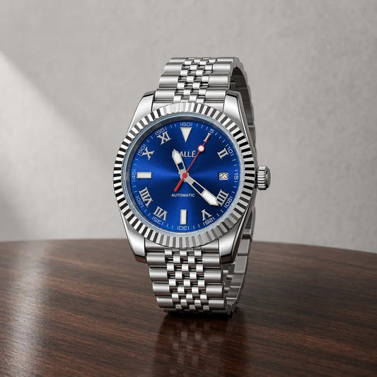 Rallé Blue Sovereign Watch - Front view showing premium stainless steel case and dial details.
