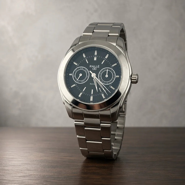 Rallé NeXus Black Day Date Watch - Low angle view showing premium stainless steel case and dial details.