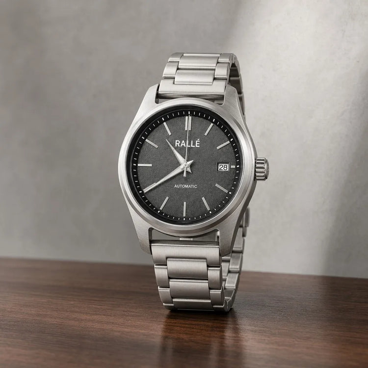 Rallé Solara Watch - Front view showing premium stainless steel case and dial details.