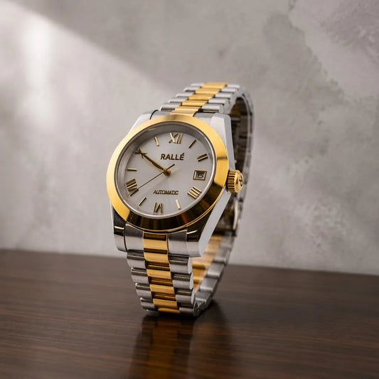 Ralle Golden Silver Watch - Front view showing premium stainless steel case and dial details