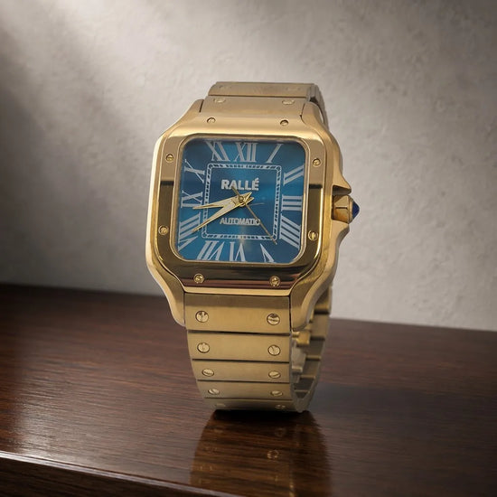 Side view of Ralle Legacy Automatic Watch showing gold stainless steel case and blue sunburst dial.