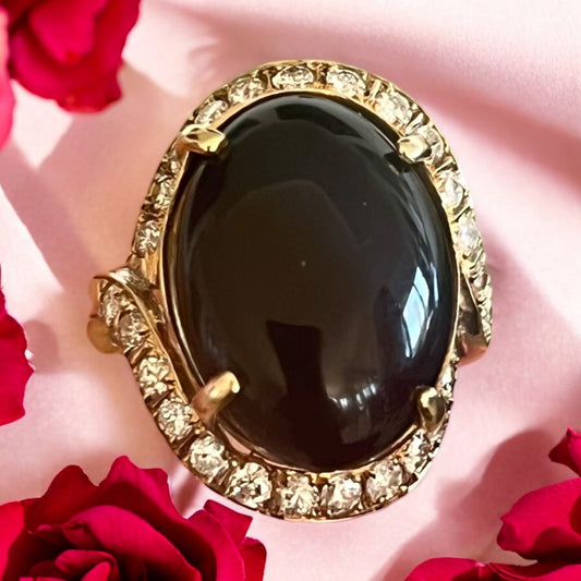 Vintage 14 Karat Yellow Gold Onyx and Diamond Ring