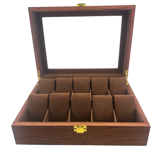 Watch Window Luxury 10-Slot Solid Wood Watch Display Box - Rosewood Grain