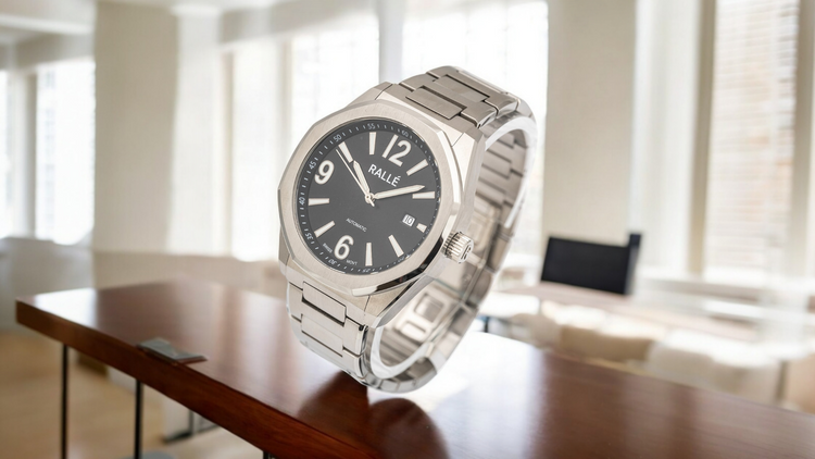 Ralle Executive Swiss Automatic Watch - Wrist view showing premium stainless steel case and dial details