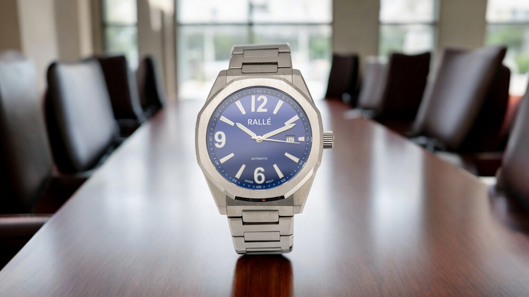 Ralle Executive Swiss Automatic Watch - Side angle view showing premium stainless steel case and dial details