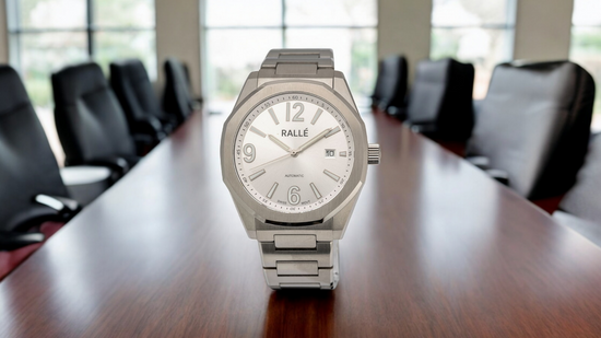 Ralle Executive Swiss Automatic Watch - Close-up view showing premium stainless steel case and dial details