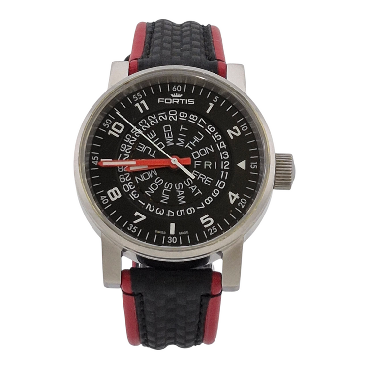 Pre-owned Fortis Spacematic Perfect , Swiss Made, New Matching Red and Black Leather Band