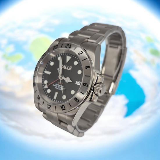 Rallé Traveler GMT Watch - Side view showing premium stainless steel case and dial details.