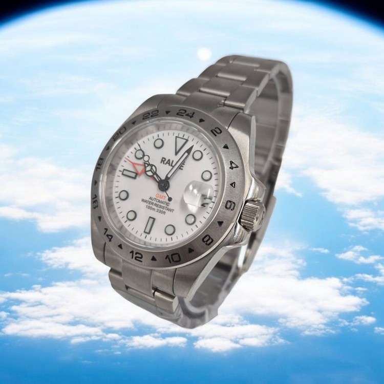 Rallé Traveler GMT Watch - Angled view showing premium stainless steel case and dial details.
