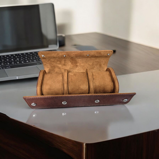 Rallé Three Slot Leather Travel Roll - Open view showing refined craftsmanship and premium detail.