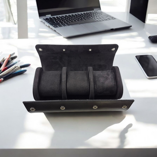 Rallé Three Slot Leather Travel Roll - Side angle view showing refined craftsmanship and premium detail.