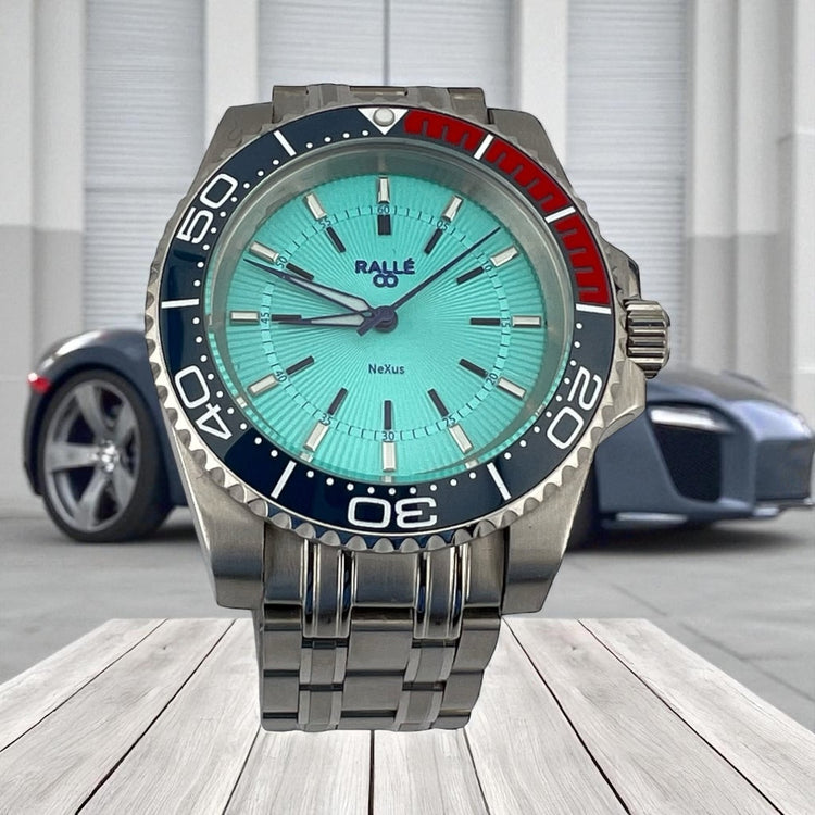 Rallé Nexus Diver's - Sky Blue - Wrist shot showing refined craftsmanship and premium detail.