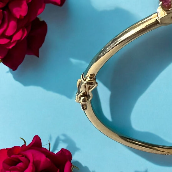 Rallé Stunning 14K Yellow Gold Ruby & Diamond Bangle - Side profile view showing bangle design and refined craftsmanship.