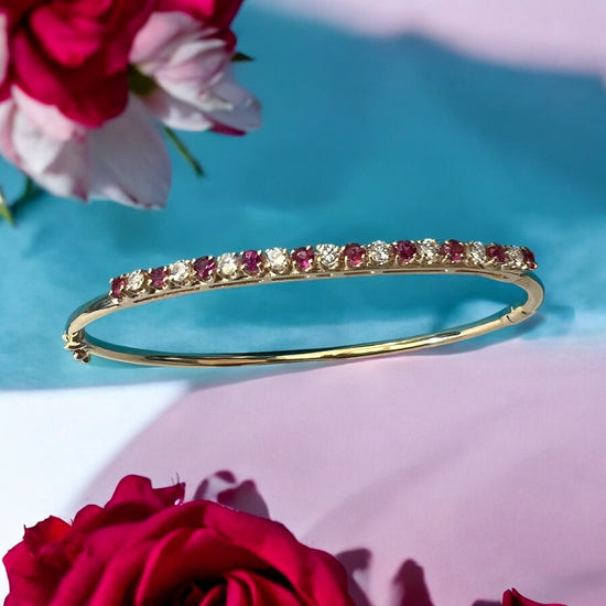 Rallé Stunning 14K Yellow Gold Ruby & Diamond Bangle - Full length view showing refined craftsmanship and premium detail.