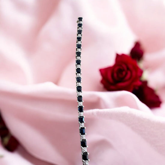 Ralle Midnight Blue Sapphire & Diamond Tennis Bracelet - Close-up view showing premium sapphire and diamond details